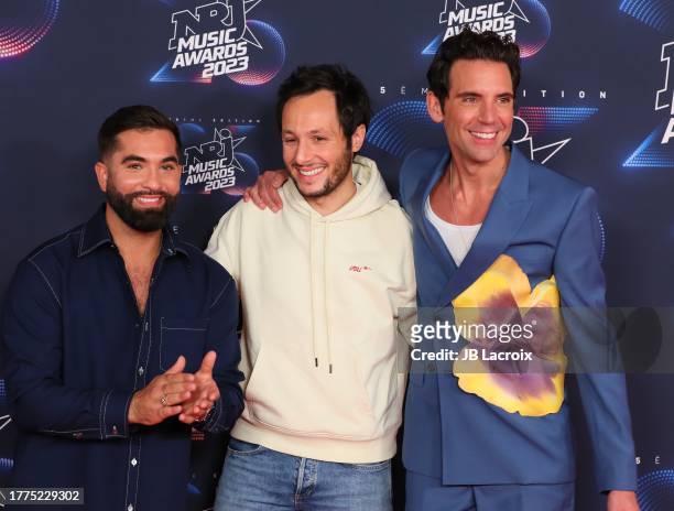 Kendji Girac, Vianney and Mika attend the 25th NRJ Music Awards on November 10, 2023 in Cannes, France.