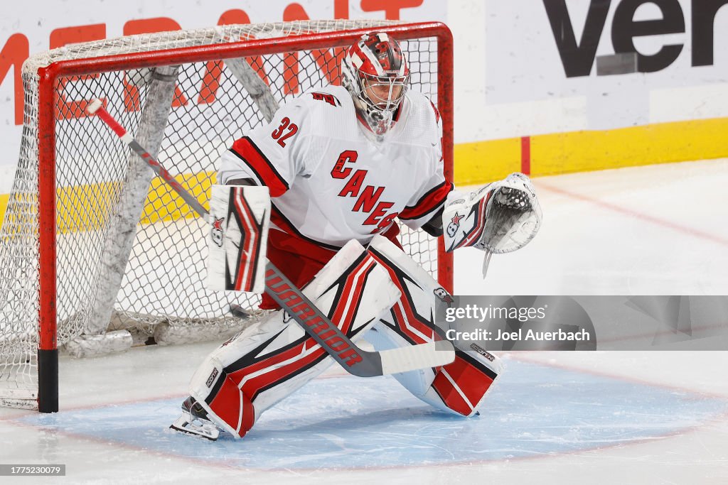 Goaltender Antti Raanta of the Carolina Hurricanes warms up prior to