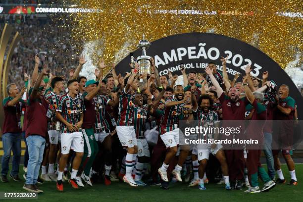 Nino of Fluminense and teammates lift the trophy after winning the final match of Copa CONMEBOL Libertadores 2023 between Fluminense and Boca Juniors...