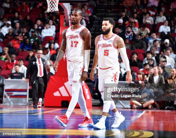 Fred VanVleet and Tari Eason of the Houston Rockets walk on the court during the game against the New Orleans Pelicans during the In-Season...
