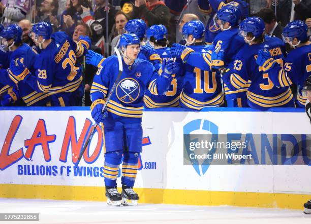 Jeff Skinner of the Buffalo Sabres celebrates his second period goal against the Minnesota Wild during an NHL game on November 10, 2023 at KeyBank...