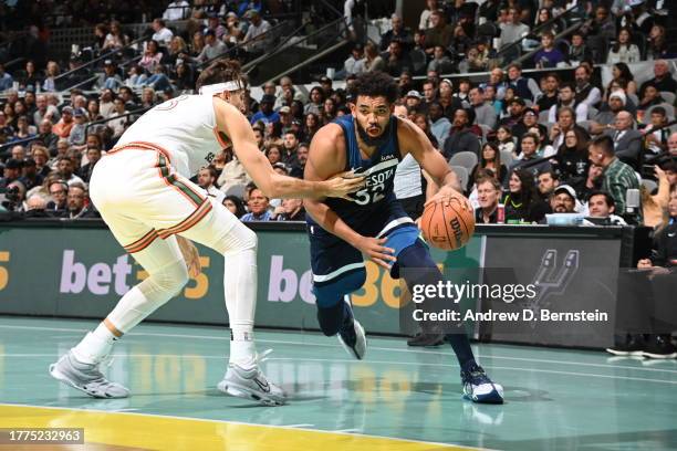 Karl-Anthony Towns of the Minnesota Timberwolves drives to the basket during the game against the San Antonio Spurs during the In-Season Tournament...