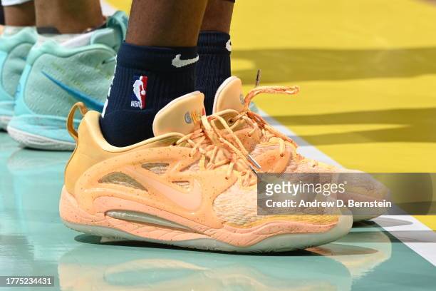 The sneakers worn by Jaden McDaniels of the Minnesota Timberwolves during the game against the San Antonio Spurs during the In-Season Tournament on...