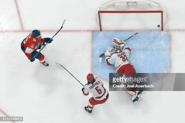 Matthew Tkachuk of the Florida Panthers scores a first period goal past Goaltender Antti Raanta of the Carolina Hurricanes at the Amerant Bank Arena...