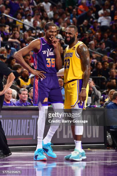 Kevin Durant of the Phoenix Suns and LeBron James of the Los Angeles Lakers smile during the game during the In-Season Tournament on November 10,...