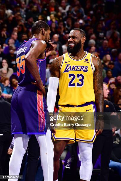 Kevin Durant of the Phoenix Suns talks to LeBron James of the Los Angeles Lakers during the game during the In-Season Tournament on November 10, 2023...