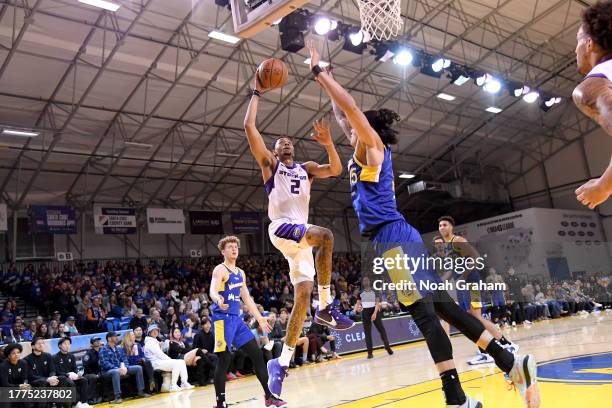 Jeremy Lamb of the Stockton Kings drives hard to the hoop against the Santa Cruz Warriors during the NBA G-League game on November 10, 2023 at the...