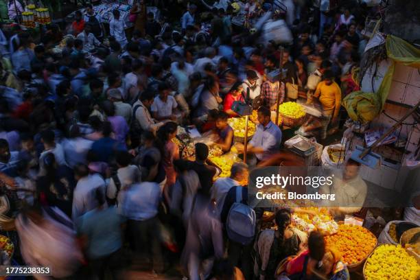 Marigold flowers for sale at the Dadar market during the festival of Dhanteras in Mumbai, India, on Friday, Nov. 10, 2023. India's festive season...