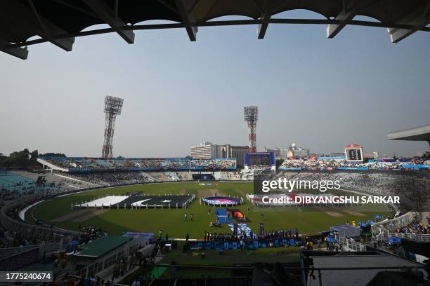 The national flags of Pakistan and England are displayed before the start of the 2023 ICC Men's Cricket World Cup one-day international match between...