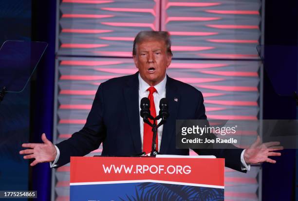Republican presidential candidate former U.S. President Donald Trump speaks during the Florida Freedom Summit at the Gaylord Palms Resort on November...