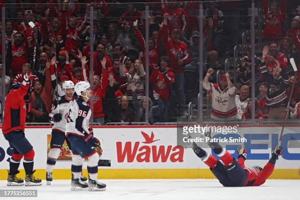Tom Wilson of the Washington Capitals after scoring a goal against the Columbus Blue Jackets during the first period at Capital One Arena on November...
