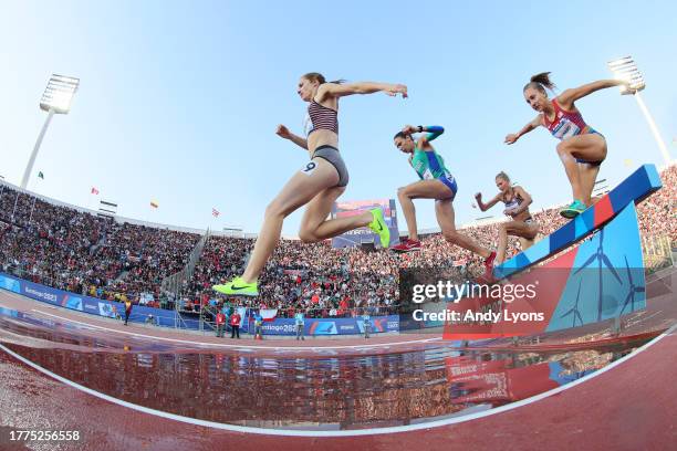 Alycia Butterworth of Team Canada competes in Women's 3000m Steeplechase at Estadio Nacional de Chile on Day 15 of Santiago 2023 Pan Am Games on...