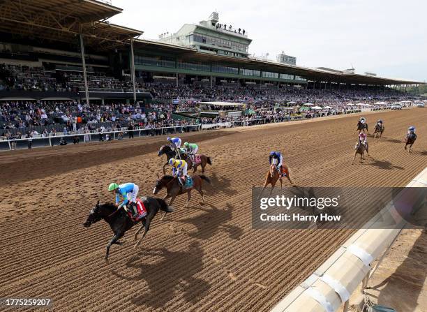 Jockey Irad Ortiz Jr. Rides Goodnight Olive to victory during the PNC Bank Breeders' Cup Filly and Mare Sprint at Santa Anita Park on November 04,...