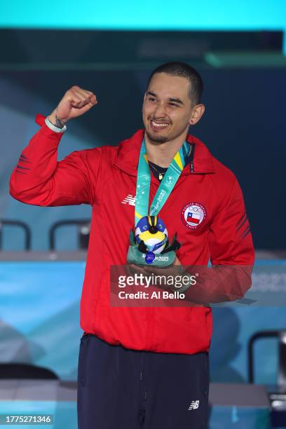 Bronze medalist Matita of Team Chile poses on the podium for on Breaking - B-Boys on Day 15 of Santiago 2023 Pan Am Games on November 04, 2023 in...