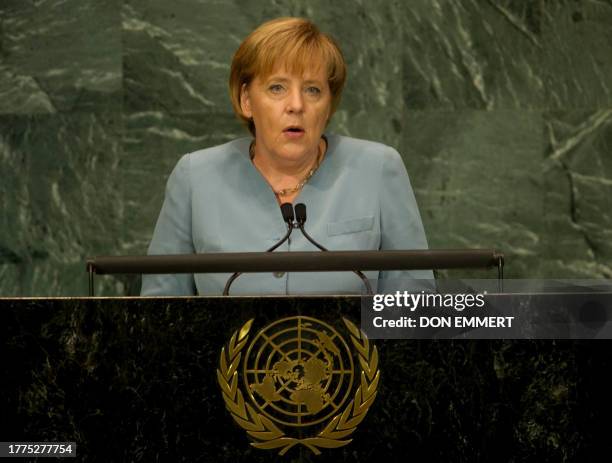 Chancellor of Germany Angela Merkel delivers her address September 21, 2010 at the Millennium Development Goals Summit at the United Nations in New...