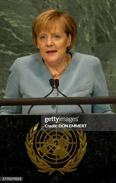 Chancellor of the Federal Republic of Germany Angela Merkel delivers her address September 21, 2010 at the Millennium Development Goals Summit at the...