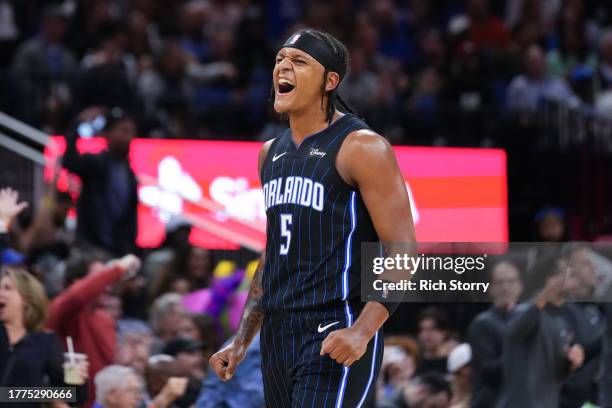 Paolo Banchero of the Orlando Magic reacts against the Los Angeles Lakers during the first quarter at Amway Center on November 04, 2023 in Orlando,...