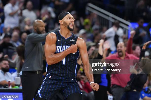 Jalen Suggs of the Orlando Magic celebrates after scoring against the Los Angeles Lakers during the second quarter at Amway Center on November 04,...