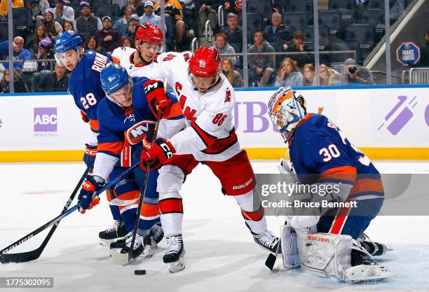 Ilya Sorokin of the New York Islanders makes the first period save on Teuvo Teravainen of the Carolina Hurricanes at UBS Arena on November 04, 2023...