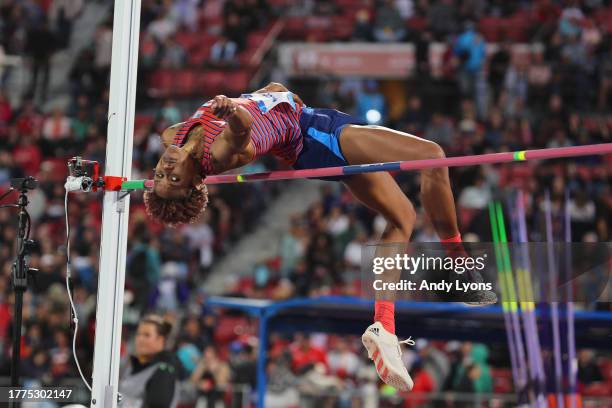 Rachel Mccoy of Team United States competes in Women's High Jump Final at Estadio Nacional de Chile on Day 15 of Santiago 2023 Pan Am Games on...