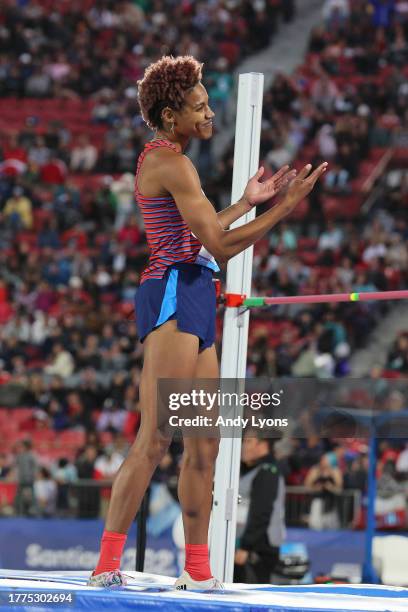 Rachel Mccoy of Team United States competes in Women's High Jump Final at Estadio Nacional de Chile on Day 15 of Santiago 2023 Pan Am Games on...