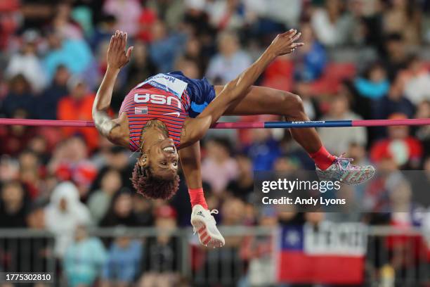 Rachel Mccoy of Team United States competes in Women's High Jump Final at Estadio Nacional de Chile on Day 15 of Santiago 2023 Pan Am Games on...