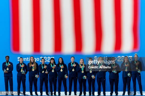 Gold medalists of Team United States pose in the podium for Women's Waterpolo on Day 15 of Santiago 2023 Pan Am Games on November 04, 2023 in...