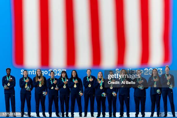 Gold medalists of Team United States pose in the podium for Women's Waterpolo on Day 15 of Santiago 2023 Pan Am Games on November 04, 2023 in...