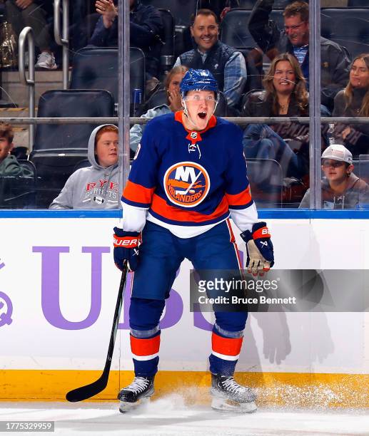 Simon Holmstrom of the New York Islanders celebrates his second period goal against Antti Raanta of the Carolina Hurricanes at UBS Arena on November...