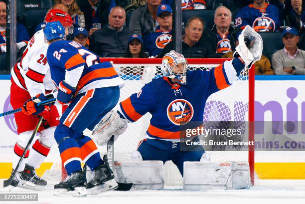 Ilya Sorokin of the New York Islanders makes the second period save against the Carolina Hurricanes at UBS Arena on November 04, 2023 in Elmont, New...