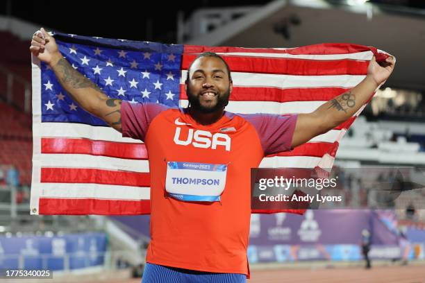 Curtis Thompson of Team United States wins the gold medal on Men's Javelin Throw Final at Estadio Nacional de Chile on Day 15 of Santiago 2023 Pan Am...