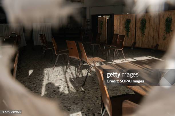 An interior view of the Nir Oz community kitchen that was attacked on October 7 by Hamas, inside there are still traces of the shots. Nir Oz, a...