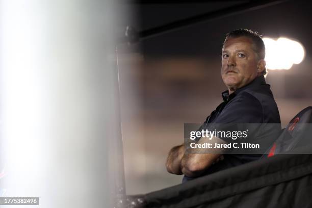 Retired NASCAR Cup Series driver, Tony Stewart, co-owner of Stewart-Hass Racing, NASCAR looks on during the NASCAR Xfinity Series Championship at...