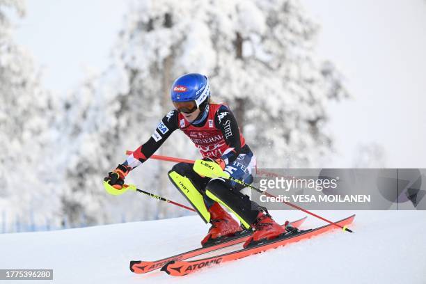 S Mikaela Shiffrin competes during the first run of the women's slalom competition of the FIS Alpine Skiing World Cup in Levi, Sirkka, Kittilä...