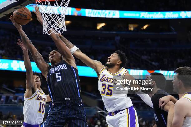 Paolo Banchero of the Orlando Magic shoots the ball against the Los Angeles Lakers during the second half at Amway Center on November 04, 2023 in...