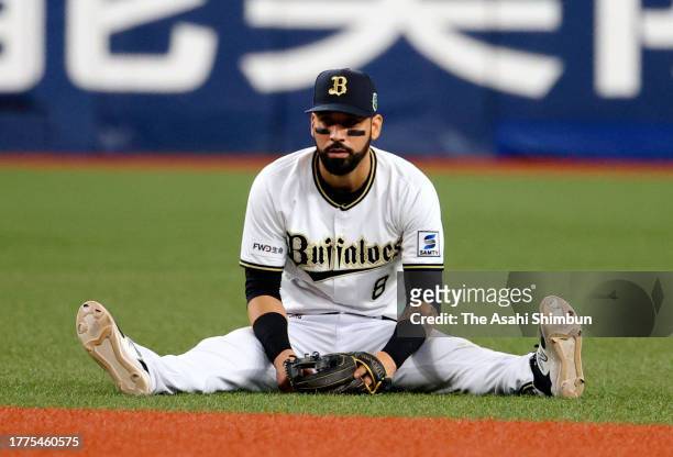 Marwin Gonzalez of the Orix Buffaloes reacts after fielding a grounder in the 4th inning against Hanshin Tigers during the Japan Series Game Six at...
