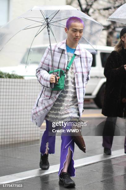 An atendee of Tokyo Fashion Week AW 2018 stops for a street style photograph.