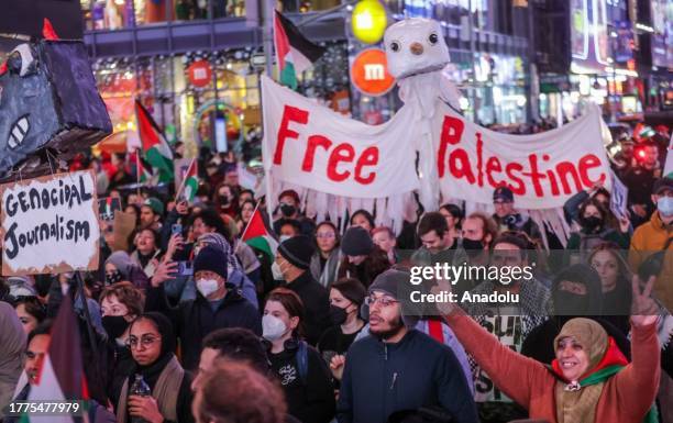 Thousands of pro-Palestinians demonstrators, part of a 'Flood Manhattan for Gaza' protest, march from Columbus Circle to Grand Central in New York,...