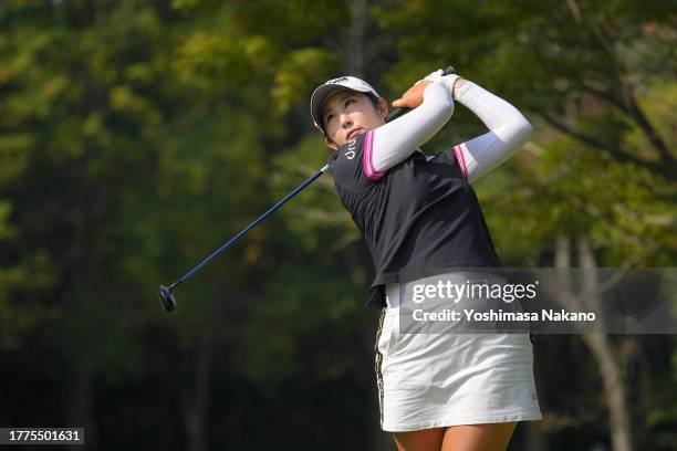 Seonwoo Bae of South Korea hits her tee shot on the 5th hole during the final round of the TOTO Japan Classic at the Taiheiyo Club's Minori Course on...