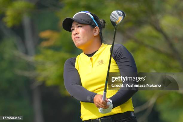 Jasmine Suwannapura of Thailand hits her tee shot on the 5th hole during the final round of the TOTO Japan Classic at the Taiheiyo Club's Minori...