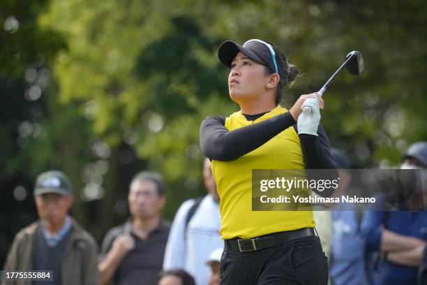 Jasmine Suwannapura of Thailand hits her tee shot on the 8th hole during the final round of the TOTO Japan Classic at the Taiheiyo Club's Minori...