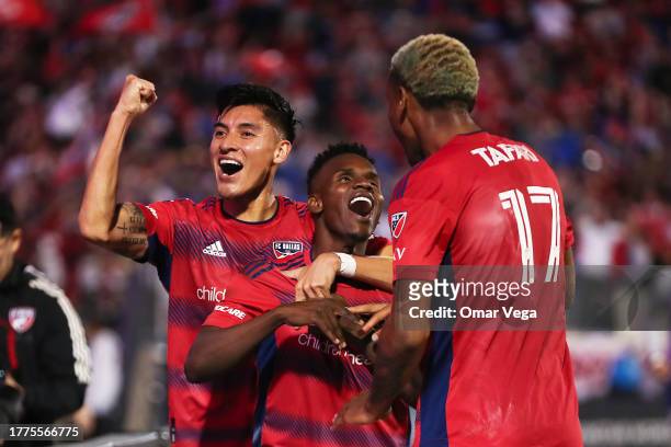 Jáder Obrian of FC Dallas celebrates with his teammates after scoring the third goal of his team during 2023 MLS Cup Playoffs Round One Game Two...