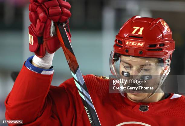 Walker Duehr of the Calgary Flames looks on during practice at Commonwealth Stadium on October 28, 2023 in Edmonton, Alberta.