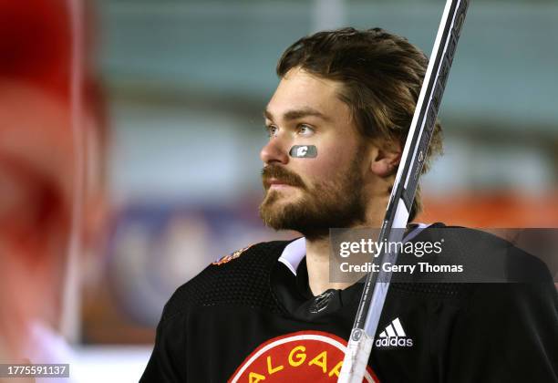 Rasmus Andersson of the Calgary Flames looks on during practice at Commonwealth Stadium on October 28, 2023 in Edmonton, Alberta.