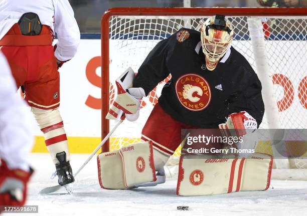 Goaltender Dan Vladar of the Calgary Flames looks on during practice at Commonwealth Stadium on October 28, 2023 in Edmonton, Alberta.