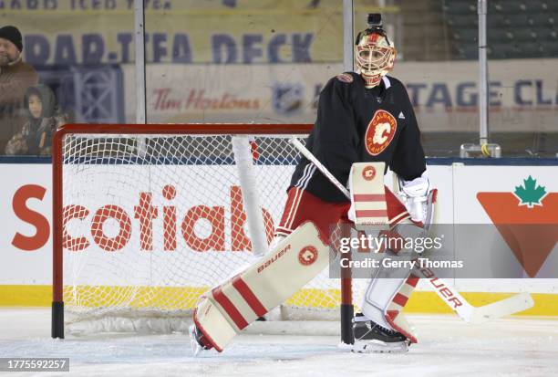 Goaltender Dan Vladar of the Calgary Flames looks on during practice at Commonwealth Stadium on October 28, 2023 in Edmonton, Alberta.