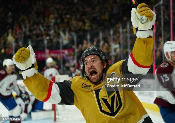 Mark Stone of the Vegas Golden Knights celebrates after scoring a goal during the third period against the Colorado Avalanche at T-Mobile Arena on...