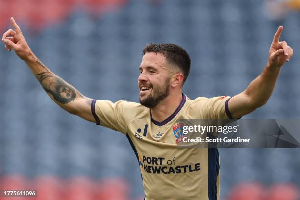 Apostolos Stamatelopoulos of the Jets celebrates his goal during the A-League Men round three match between Newcastle Jets and Western Sydney...