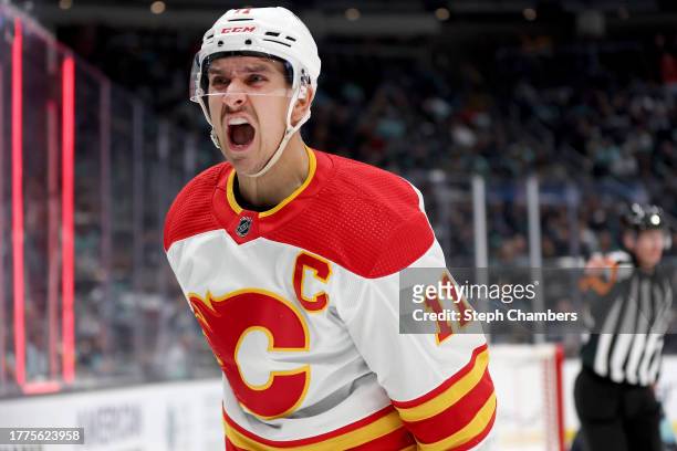 Mikael Backlund of the Calgary Flames celebrates his goal against the Seattle Kraken during the third period at Climate Pledge Arena on November 04,...