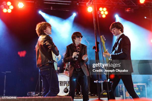 Pete O'Hanlon, Ross Farrelly and Josh McClorey of The Strypes performs on stage on Day 1 of Reading Festival 2013 at Richfield Avenue on August 23,...
